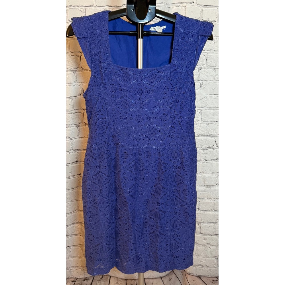 Lucid Pink Royal Blue‎ Floral Lace Sheath Dress Square Neck Cap Sleeve Large